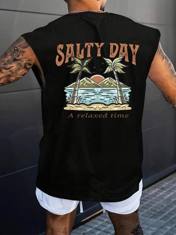 Men's Regular Fit Palm Tree & Mountain Print Tank Top, Casual Street Sleeveless Top for Daily Wear, Men's Clothes for All Seasons, Sleeveless Tank Tops, Socks
