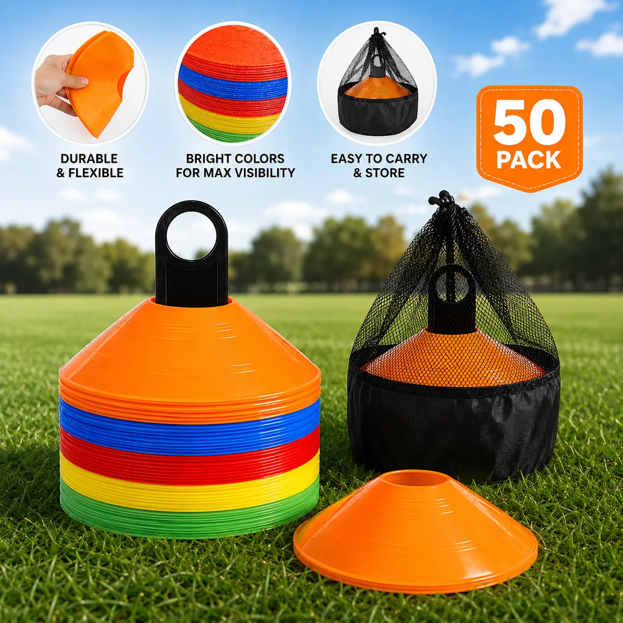 Soccer Cones 50 Pack Disc Cones Training Equipment Agility Cones for Soccer Basketball Football Speed Drills Field Marker Cones with Carry Bag and Drill Guide for Kids Athletes Coaching Practice Backyard Training Train Like a Pro