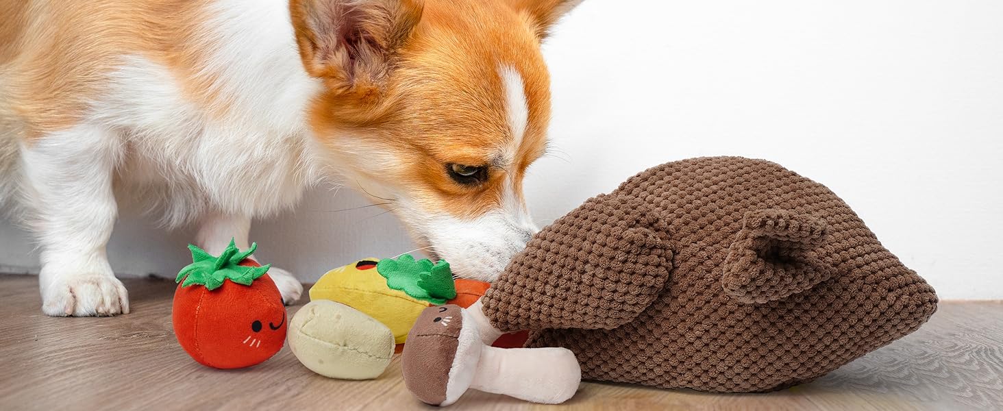 Nocciola 7-in-1 Thanksgiving Turkey Dog Toy,Big Turkey Puzzle Toy with 6 Squeaky Veggie Plush Toy, Interactive Enrichment Dog Toys for All Breeds