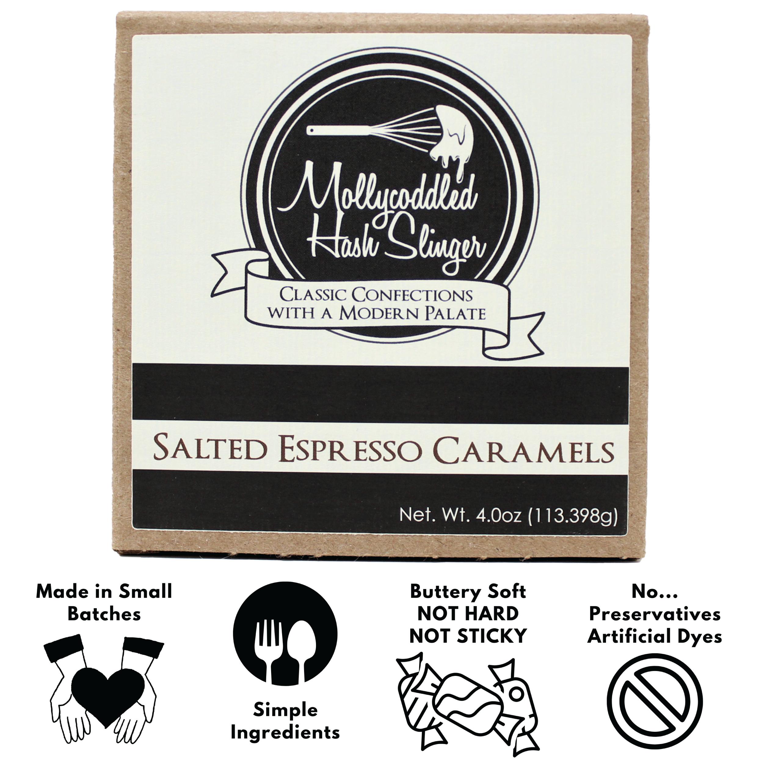 Mollycoddled Hash Slinger - Salted Espresso Caramels - 4oz box - Handmade Soft Caramels - Individually Wrapped Candy - Candy Gifts - Gluten Friendly Candy - Dye Free Candy - Sweets - Small Batch - Preservative Free Food - Snack - Coffee retro candy Mollycoddled Hash Slinger - Salted Espresso Caramels - 4oz box - Handmade Soft Caramels - Individually Wrapped Candy - Candy Gifts - Gluten Friendly Candy - Dye Free Candy - Sweets - Small Batch - Preservative Free Food - Snack - Coffee retro candy