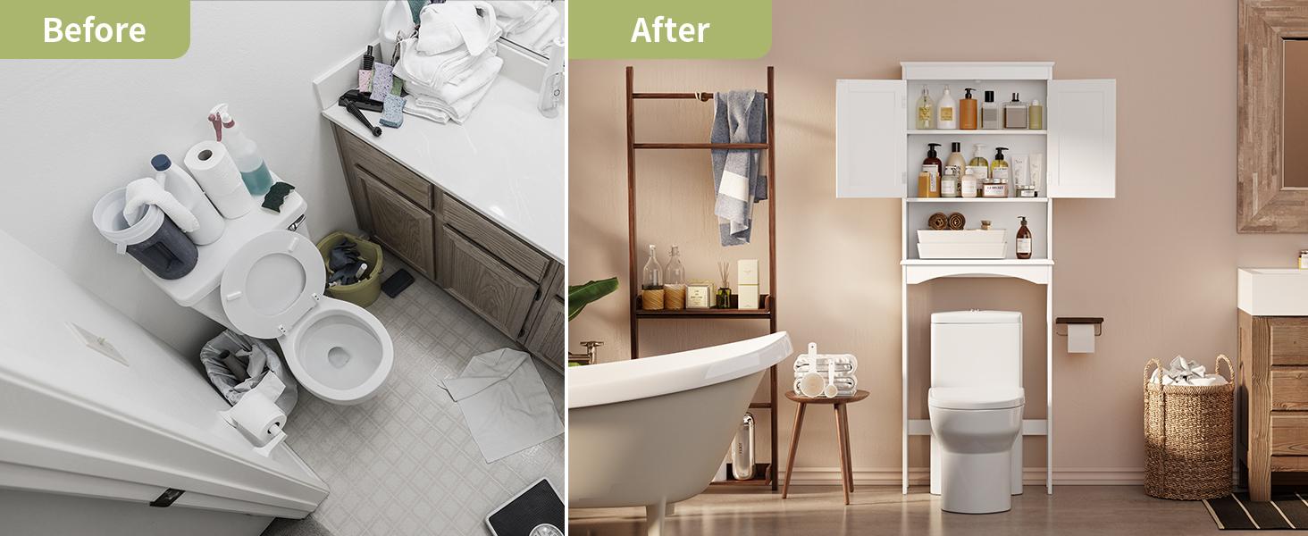 Gizoon Over The Toilet Storage Cabinet with Adjustable Shelf and Double Doors, Bathroom Space Saver Organizer Above Toilet with Open Shelf, Taller Wooden Free Standing Toilet Rack -White