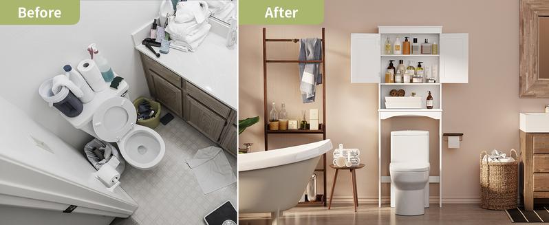 Gizoon Over The Toilet Storage Cabinet with Adjustable Shelf and Double Doors, Bathroom Space Saver Organizer Above Toilet with Open Shelf, Taller Wooden Free Standing Toilet Rack -White