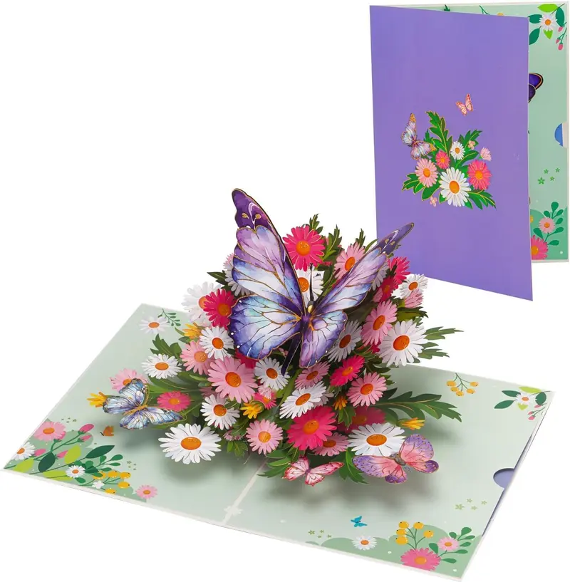 3D butterfly greeting card, 2-piece butterfly and flower three-dimensional card, ideal for Valentine's Day, birthday, wedding, anniversary gifts, for wives, husbands, mothers, women, sisters, grandmothers, children with envelopes
