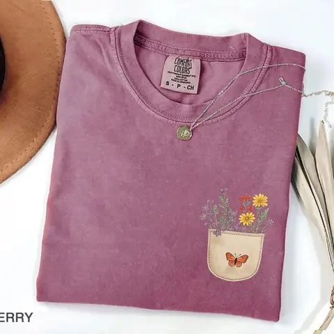 Comfort Colors Wildflower Pocket Shirt, Cute Butterfly Flower Tee, Cottagecore Floral Graphic Shirt, Nature Lover Gift