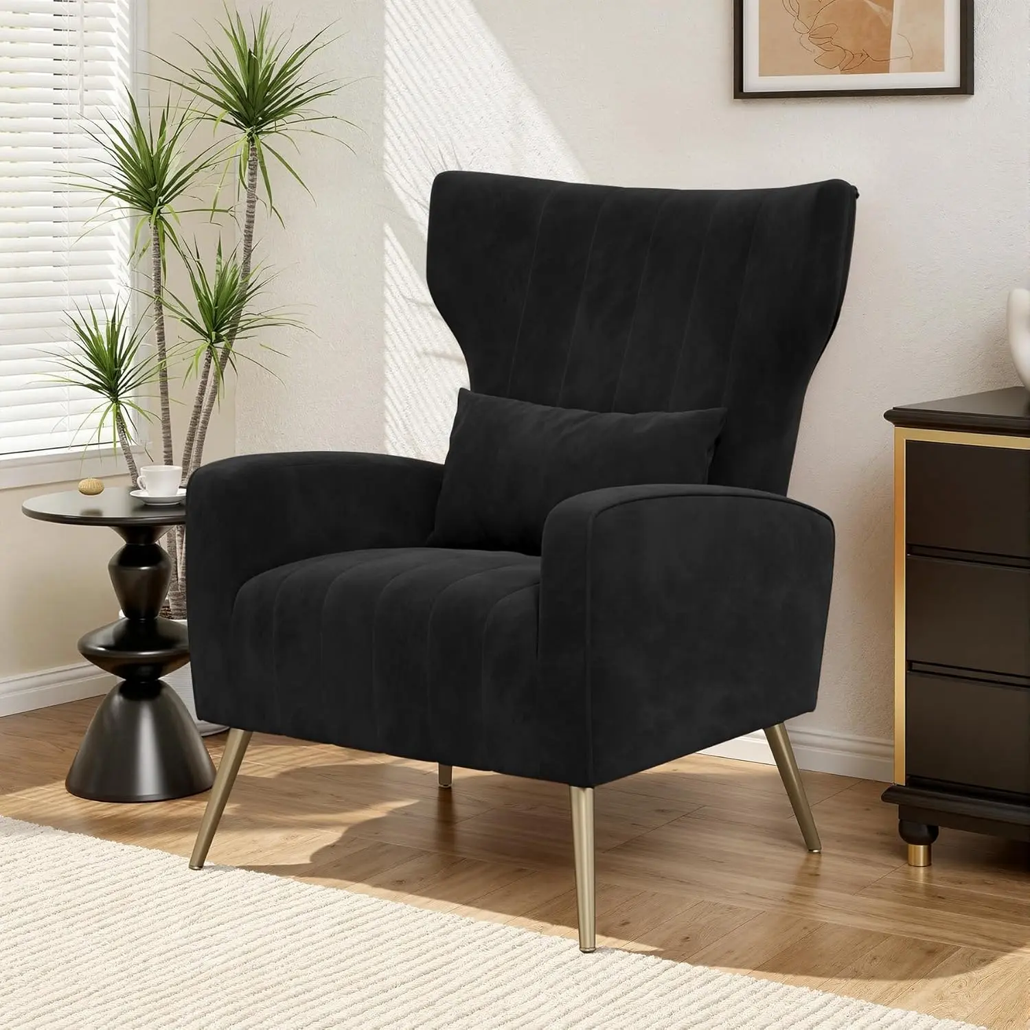 Luxanimarion Modern Upholstered Armchair - Soft Velvet, Breathable, High Fixed Back, Golden Legs, Lumbar Pillow, Clean Design, Supportive Sitting, Comfy at Home, Customizable Color Options, Indoor Single Living Room Seat, Deep Seat Size
