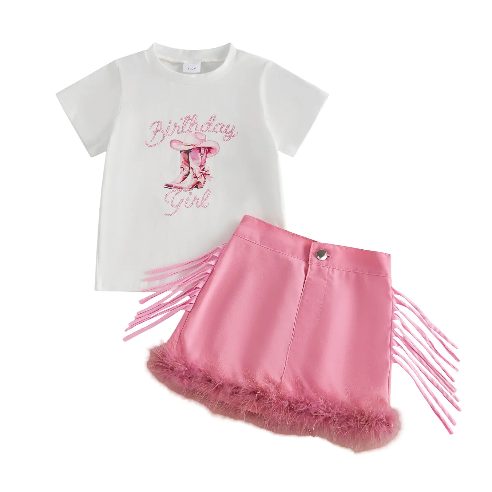 Toddler Baby Little Girls Birthday Outfit Cute Western Boots Embroidery Short Sleeve Tops with Tassel Skirt 2Pcs Set 1-6 Years