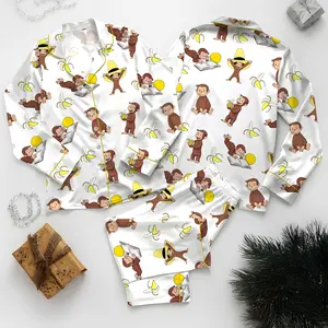 Women's Monkey Banana Print Pajama Set , Cute Monkey & Banana All-Over Print Lapel Collar Button-Front Shirt & Elastic Waist Pants, All-Season Sleepwear, Pajamas for -Like s, Themed Costume Party Outfit