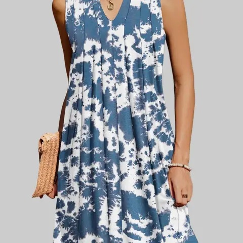 ZEAGOO Women's Casual Deep V-Neck Loose H-Type A-Line Pleated Boho Sundress with Pockets, Comfortable Polyester Above-Knee Casual Wear Day Outfit (ZR51, No Restrictive Silhouette) for Work, Brunch