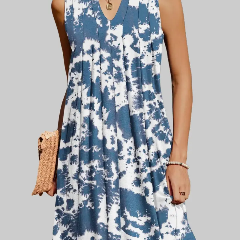 ZEAGOO Women's Casual Deep V-Neck Loose H-Type A-Line Pleated Boho Sundress with Pockets, Comfortable Polyester Above-Knee Casual Wear Day Outfit (ZR51, No Restrictive Silhouette) for Work, Brunch