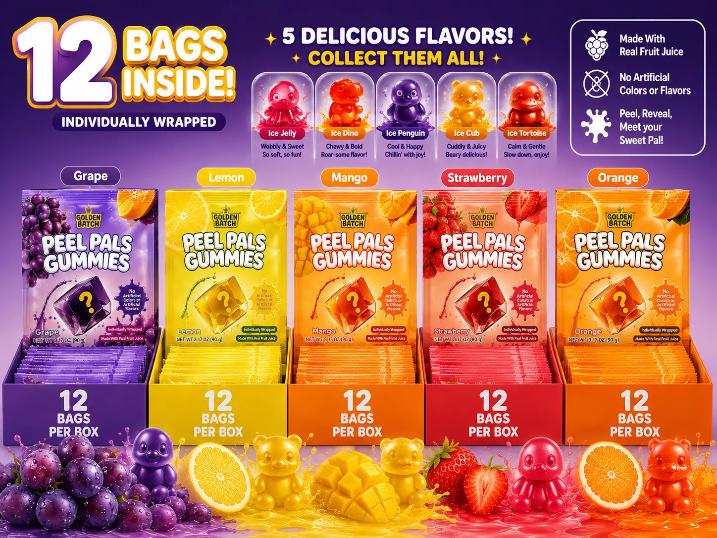 Peel Pals Real Juice Gummies Party Size Box - 12 Individually Wrapped Bags, Collectible Characters, 5 Varieties (Grape, Lemon, Mango, Strawberry, Orange)