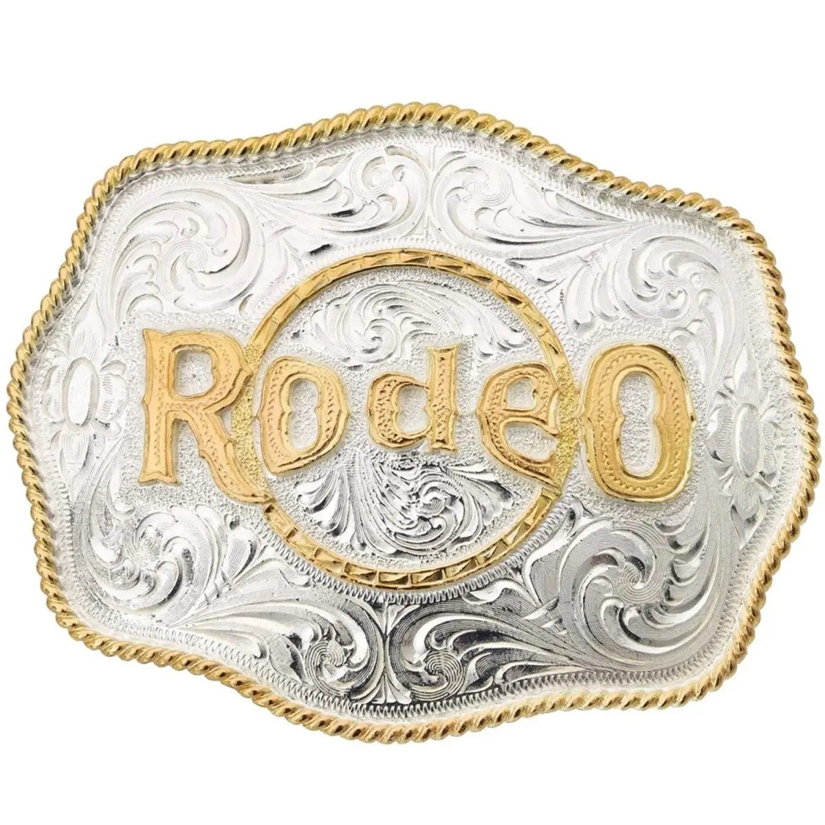 Hebilla Vaquera de Alpaca para Cinto con Leyenda de Rodeo en Oro WD-1253