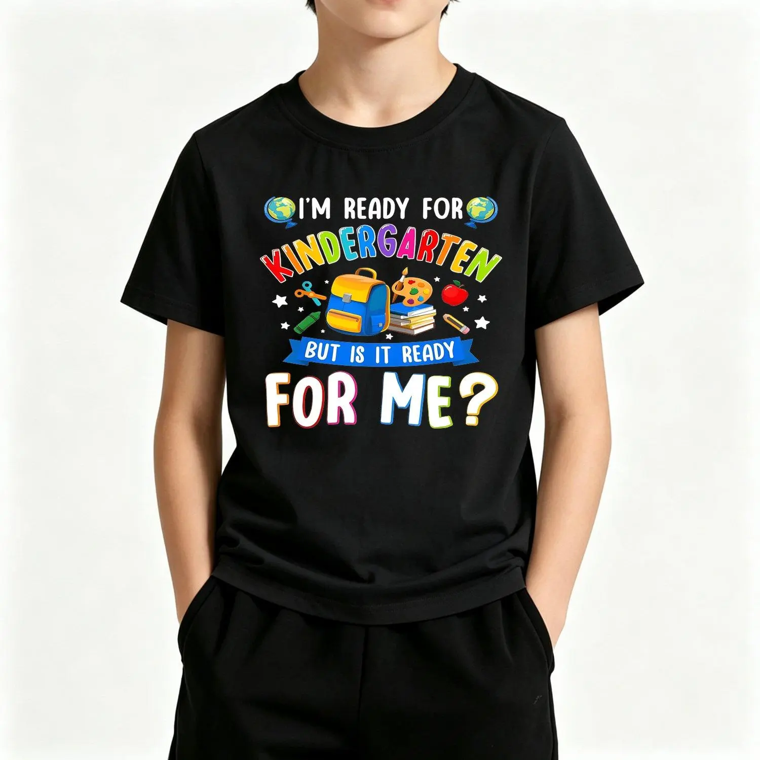 Boys' Short-Sleeved Classic Printed Tee - All-Seasons Loose-Fit Breathable Casual Streetwear, Kindergarten Back to School First Day Gift, Crew Neck