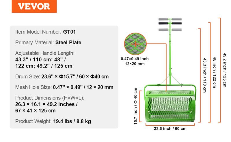 VEVOR Compost Spreader and Peat Moss Spreader,  24" Push/Tow-Behind Roller Lawn Spreader with Height Adjustable T Shaped Handle, Steel Mesh Basket Garden Spreader for Spreading Manure Topsoi