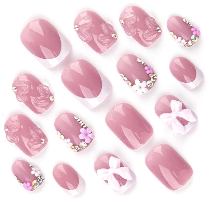 Square Rhinestone Glitter Press-On Nails – 24PCS Pink Short Square French Tip Fake Nails with 3D Flower, Bows & Sparkly Charms, Full Cover Stick-On Nails for Women, Cute Glue-On Nail Set