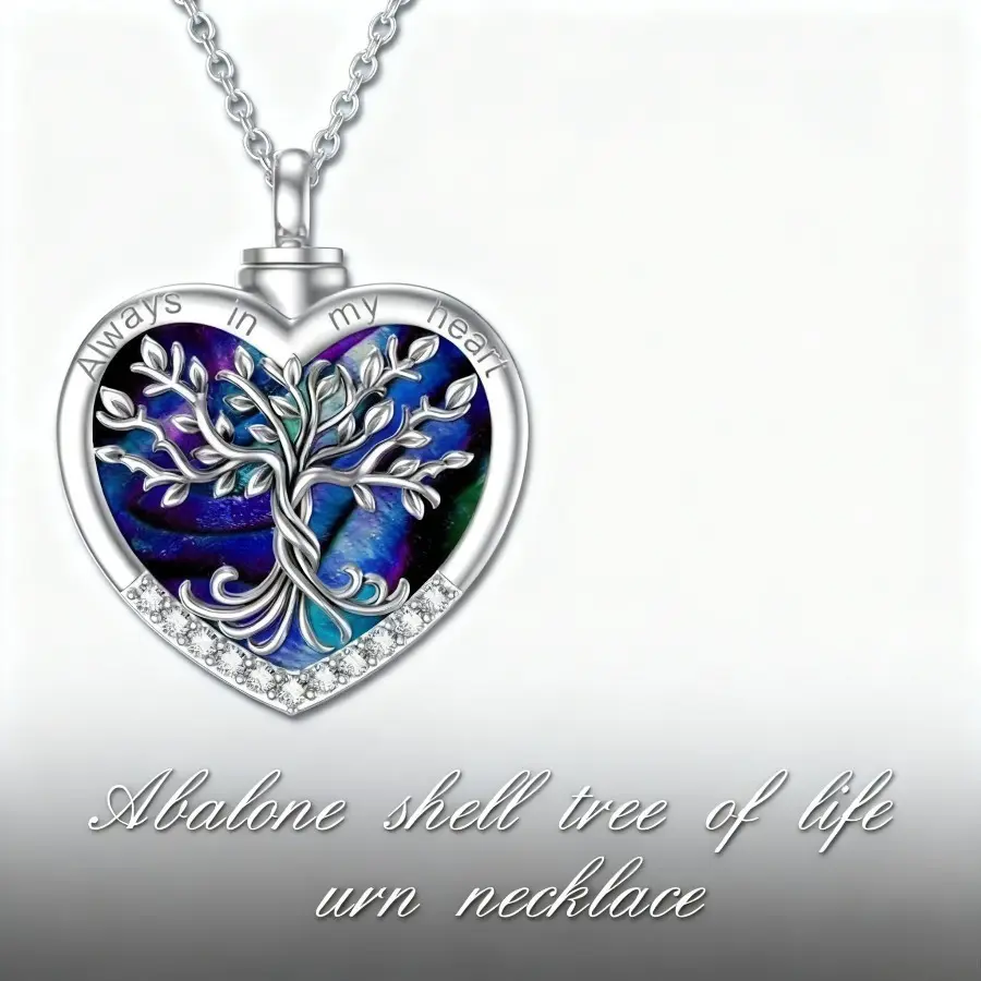 Heart Tree Life Urn Pendant - Easter Memorial Necklace with Abalone Shell & Stainless Steel Short Chain - Cremation Emotions Jewelry