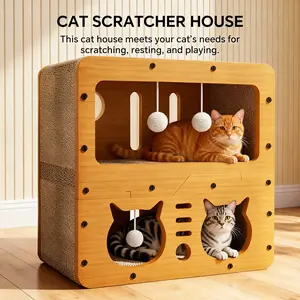 【Upgraded 3-in-1】2-Layer Cardboard Cat Scratcher House with Hanging Toy Balls, Multi-Function Cat Condo with Scratching Board, Cat Hideout & Play House for Indoor Cats, Large Cat Scratch Bed for Multi-Cat Homes