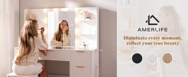 AMERLIFE 36.2/47.2" Fluted Vanity Desk with Mirror and Adjustable LED Lights, Large 4/7 Drawers Makeup Table with Glass Top and Charging Station for Women and Girls, Bedroom or Dorm/Best Gift Ideas/Christmas Gifts