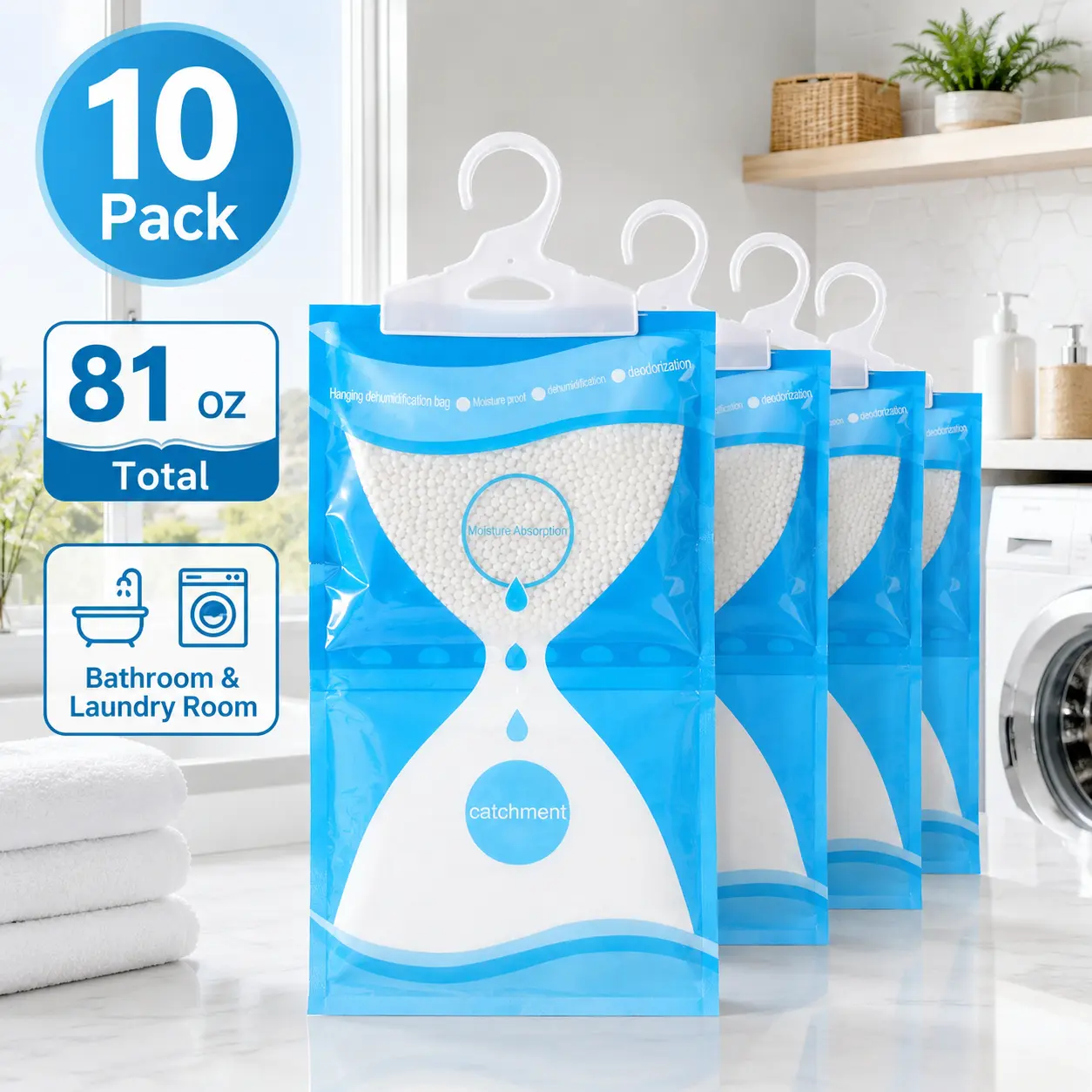 10-Pack Hanging Moisture Absorber Beads Pouches, 81 oz Total Cordless Closet Dehumidifier Powder Bags with Moisture Proof Design, Practical Mold Mildew Odor Control Eliminator for Bathrooms, Basement, Shoe Storage