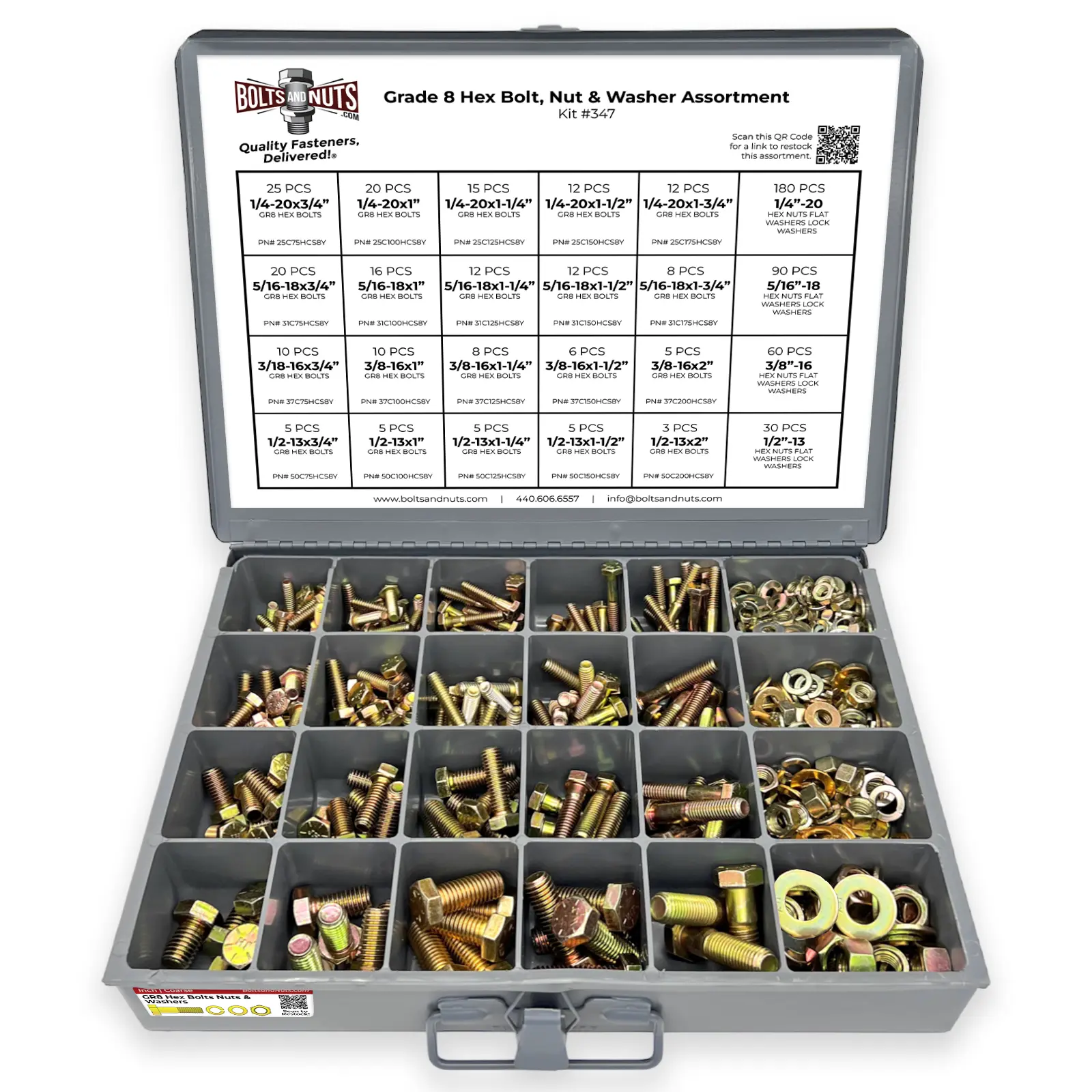 Grade 8 Hex Cap Bolts, Hex Nuts, Washers, and Lock Washers Coarse Thread - 574 PCS