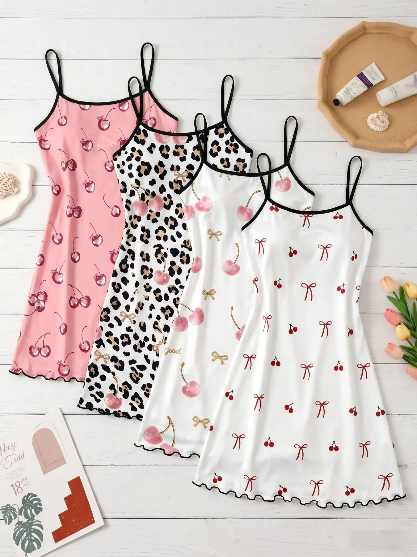 4-Pack Women's Cami Nightdresses, Bow All-Over Print Pajamas, Sweet Cute Home Wear Loungewear for Spring & Summer, Essential Comfortable Sleepwear