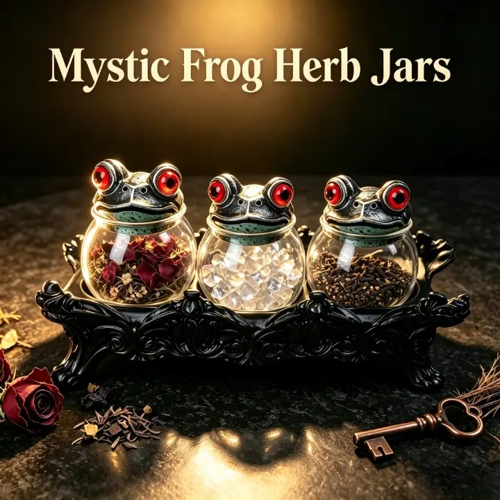 3-Piece Frog Spice Jar Set with Matching Base, Glass Spice Containers with Frog Lids, Vintage Apothecary Style Kitchen Storage Jars for Spices, Herbs and Seasonings, Cute Home Decor Gift