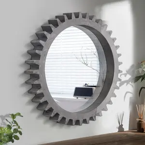 Vintage Wood Gear Shape Decorative Wall Mirror, Antique Dark Brown Round Hanging Mirror for Home Bedroom & Bathroom