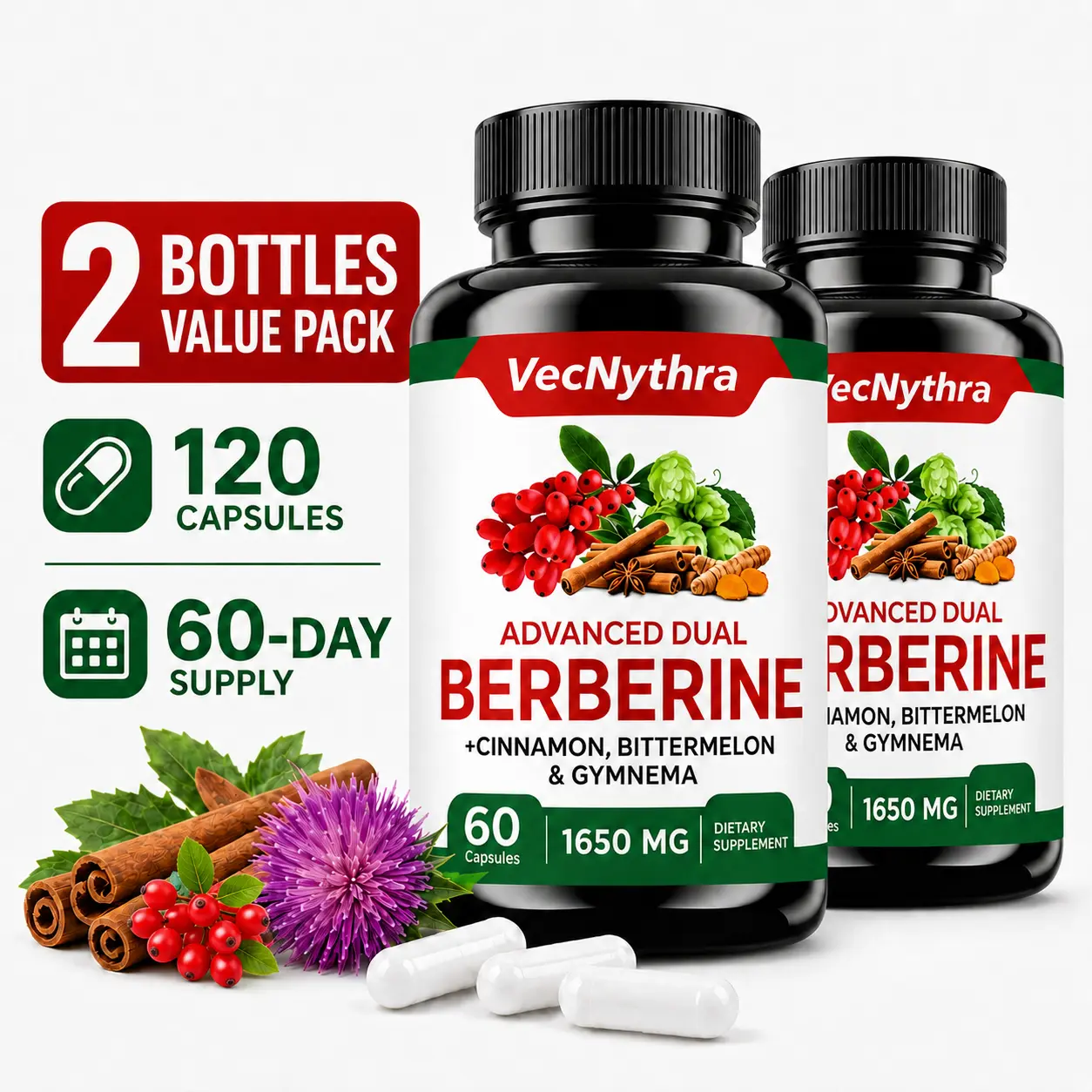 VecNythra Berberine Supplement Complex 2-Pack, Prop 65 Safe, Immunity Support, with Ceylon Cinnamon, Milk Thistle, Zinc, Copper, Herbal Plant Mineral Supplements, 120 Daily Wellness Capsules