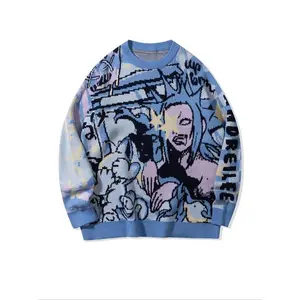 Men's Cartoon Print Round Neck Sweater Knitwear Tops, Loose Casual Long Sleeve Crew Neck Jumper for Spring & Fall, Fashion Men's Fall Crewneck Sweatshirt Knit Tops for Daily Wear, Soft Top Men, Longsleeves Vintage Clothing, Menswear, Graphic Sweater