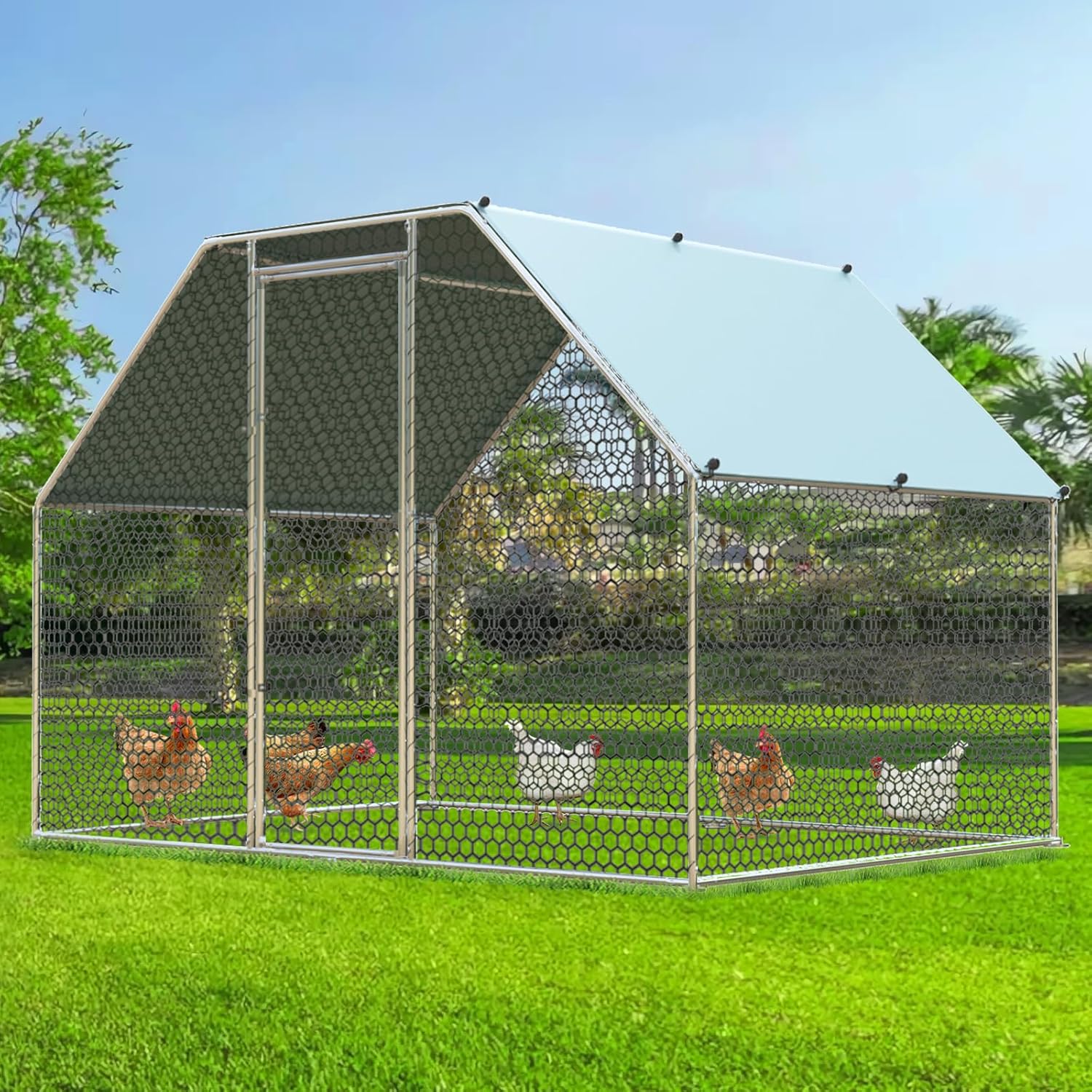HOMBCK Large Metal Chicken Coop with Run Walk-in Poultry Cage, Spire Roofed Chicken Coops with Anti-Ultraviolet Cover for Outdoor Backyard Farm Use
