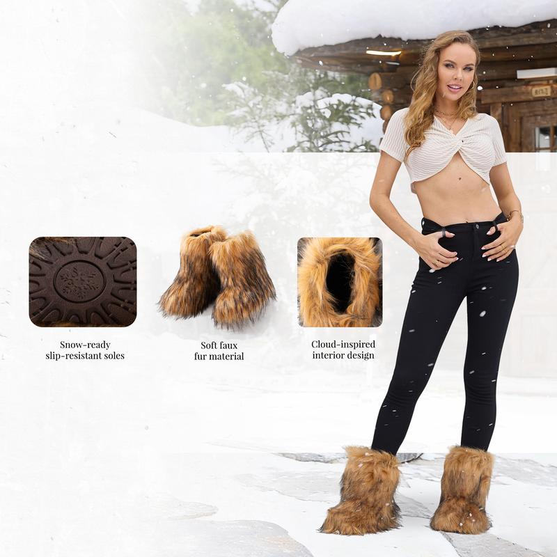 OOW Women's Fluffy Faux Fur Boots Y2K Fashion Design Non-Slip Warm Round Toe Suede Mid-Calf Boots for Outdoor Indoor Walking Shoes Brown Black Pink White