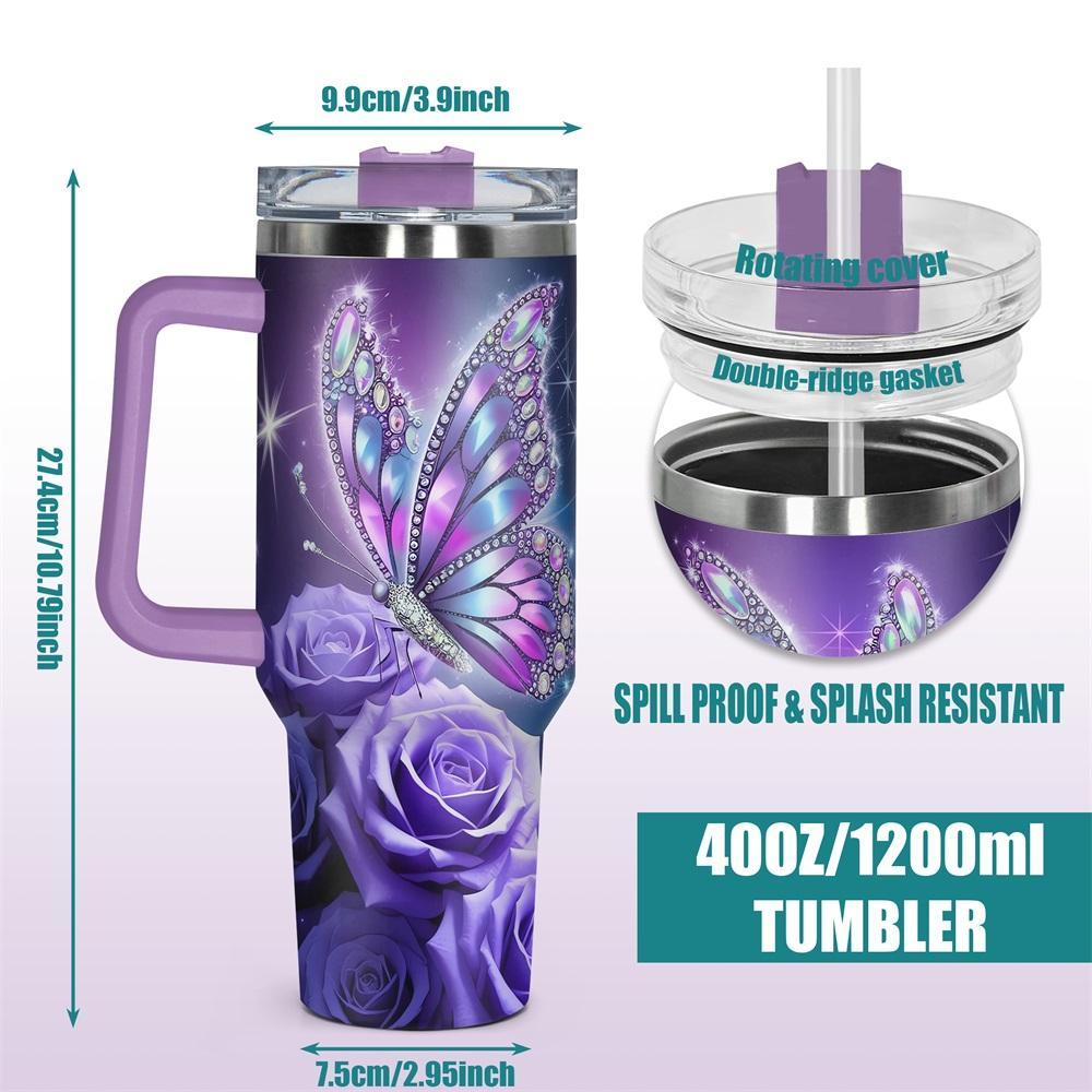 White 40oz Stainless Steel Butterfly & Rose Pattern Tumbler - Vacuum Insulated Drinkware with Lid, Grip Handle, Single Unit Vacuum Flask, Gift for Birthdays or Special Moments for Family, White（With Grip Handle And Lid）