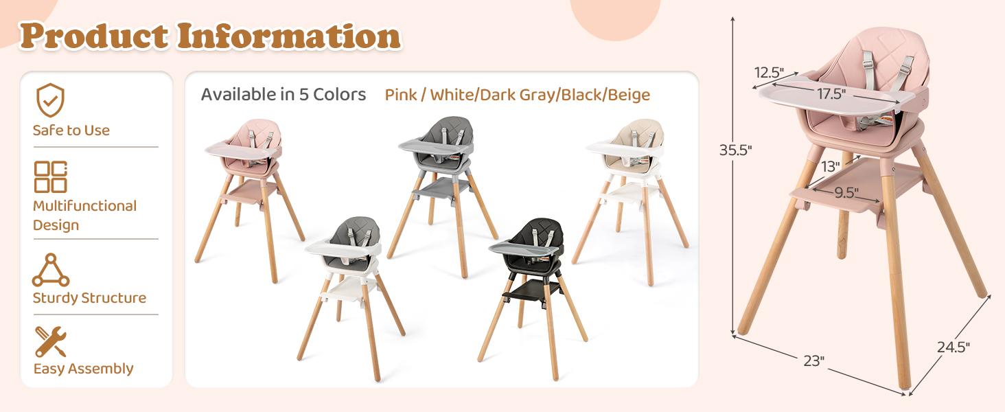 Costzon Baby High Chair, 6 in 1 Convertible Wooden High Chair for Babies & Toddlers with Adjustable Legs,, Safety Harness & Waterproof PU Cushion