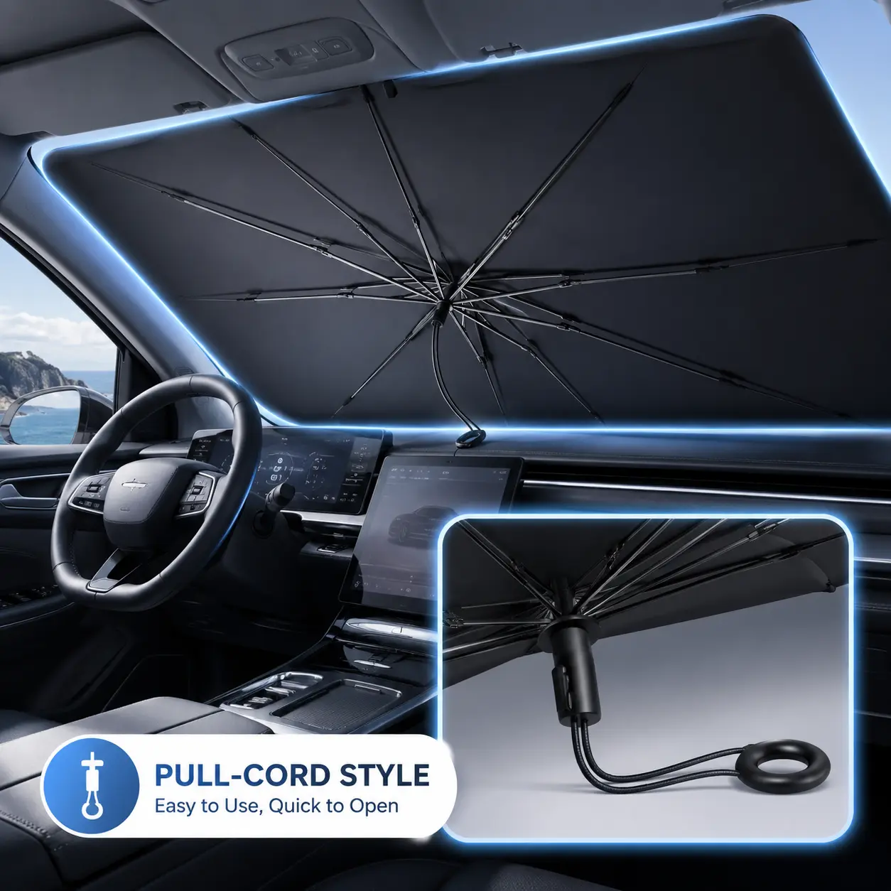Portable Car Windshield Sunshade, Foldable Windshield Sun Umbrella, Car Exterior Accessories, Car Windshield Cooling Umbrella for Daily