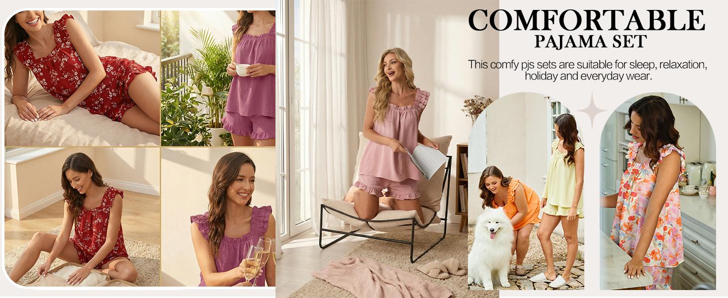 Lepunuo Pajamas for Women Summer 2 Piece Pjs Ruffle Tank Top Shorts Sleepwear Sets Cute Bridal Pajama Outfits