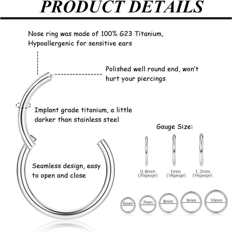 MILACOLATO 5Pcs G23 Titanium 20G 18G 16G Clicker Body Piercing Rings Nose Rings Hoops for Septum Cartilage Daith Rook Lip Tragus Helix Conch Ear Lobe Earrings Hypoallergenic Nose Piercing Jewelry Women Men 6/7/8/9/10mm Daily MILACOLATO 5Pcs G23 Titanium 20G 18G 16G Clicker Body Piercing Rings Nose Rings Hoops for Septum Cartilage Daith Rook Lip Tragus Helix Conch Ear Lobe Earrings Hypoallergenic Nose Piercing Jewelry Women Men 6/7/8/9/10mm Daily