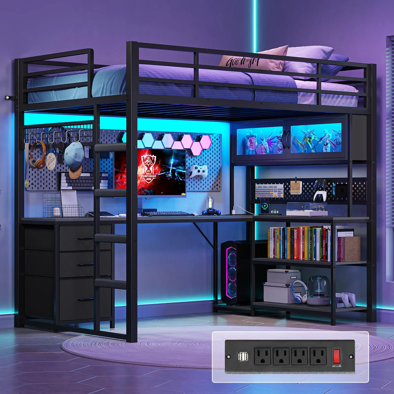Sikaic Twin Loft Bed with L-Shaped Gaming Desk, Storage Drawers & Hutch, RGB LED Lights, Built-In Charging Station, Metal Loft Bed Frame with Safety Guardrails, Space-Saving Twin Bed for Teens, Home Furniture Christmas Gifts [SohoChic]