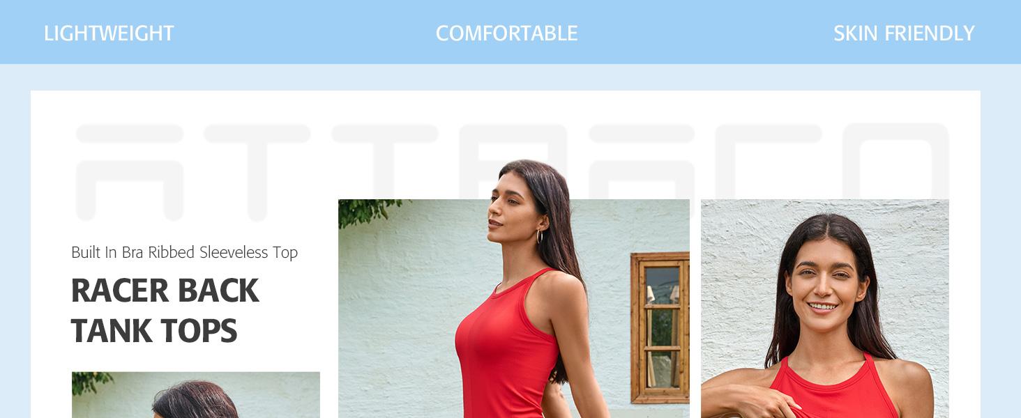 ATTRACO Women Workout Tank Tops with Built in Bra  Basic Ribbed Tank Top Crew Neck Racerback Athletic Camisole Seamless