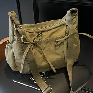 Large Capacity Nylon Shoulder Bag for Women - Vintage Style, Solid Color with Bow Detail, Adjustable Strap, Multiple Zippered Pockets, Durable & Versatile Crossbody Bag