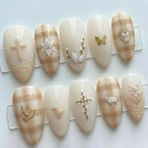 Neutral Easter Press On Nails with Cross, Lamb and Gingham Design – Beige Matte Almond Spring Nail Set