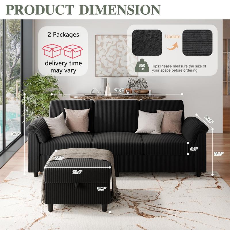 Walsunny L-Shaped Convertible Sectional Sofa Couch with Removable Pillows, 79in Reversible modular High Resiliency Foam Cushions,Ottoman, Black