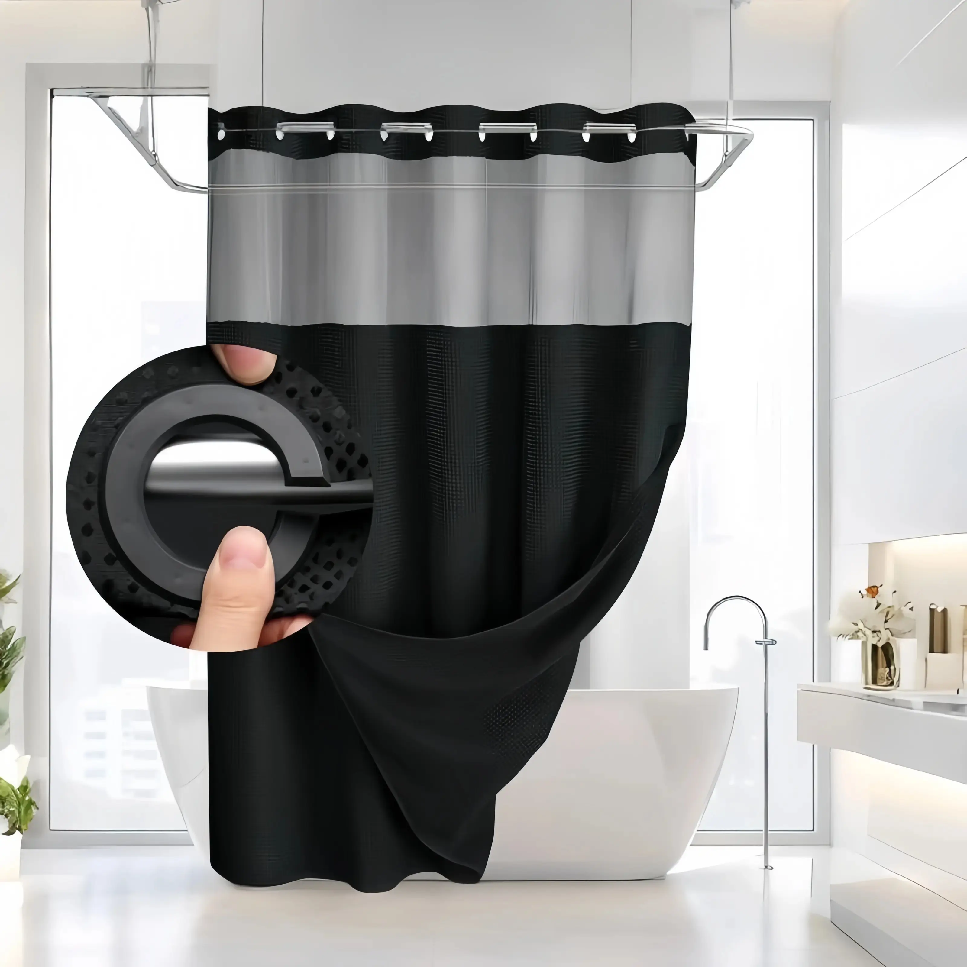 Black Double Layer Waffle-Pattern Shower Curtain - No Hook Snap-in Liner, Fabric Waterproof Inner & Washable White Outer Cloth, Modern Bathroom Accessory for Home/Hotel/Salon/Dorm, 72x75 Inch