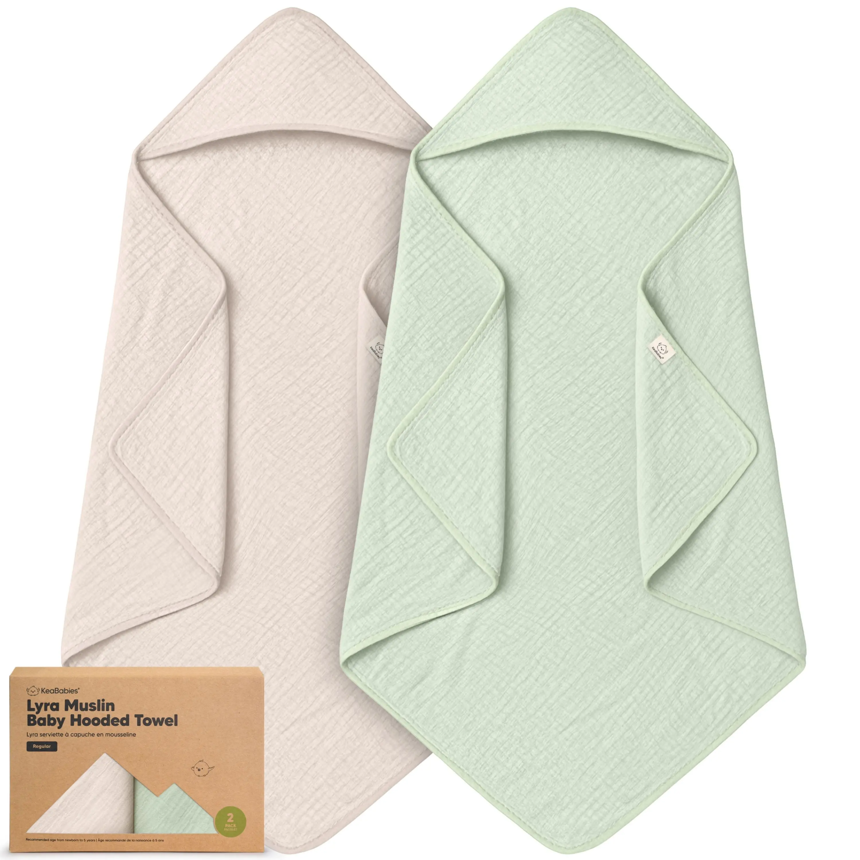 KeaBabies Muslin Hooded Baby Towels for Newborn Girls, Boys - 2-Pack Organic Cotton Baby Bath Towels Hooded, Soft Absorbent, Toddlers, Kids, Infant, Newborn Bath Essentials