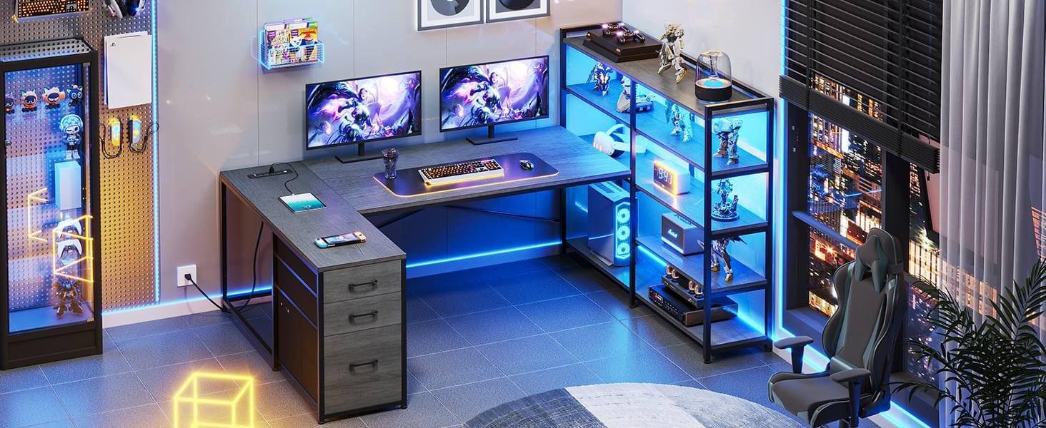 SIKAIC 64.5 Inches Reversible U Shaped LED Gaming Desk Grey with Storage Drawers Open Shelves Dual Monitor Mount RGB Light Durable Home Office Setup