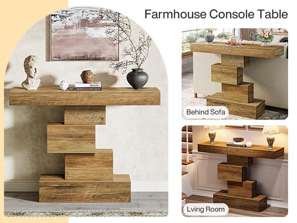 LITTLE TREE 42.5" Farmhouse Console Table, Narrow Wood Sofa Table Behind Couch with Geometric Base, Industrial Entryway Accent Table for Living Room, Hallway, Entrance