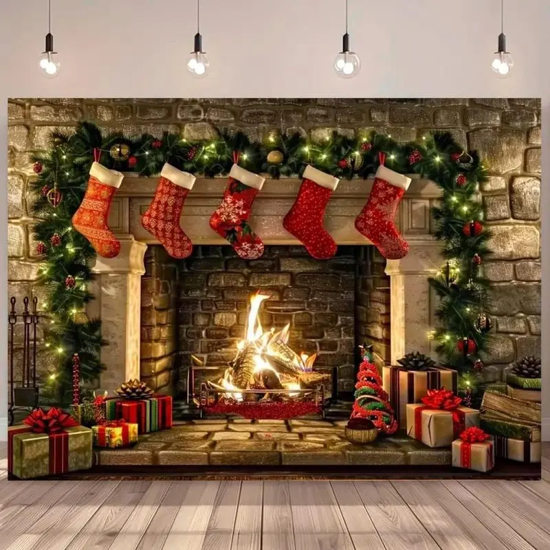 High-Quality Polyester Cozy Winter Christmas Fireplace Backdrop Banner - Letters, Geometric Design, Stockings, Gifts, Festive Garland, Lightweight, Easy Installation for Photo Shoots, Anniversary, Birthday Home Decor