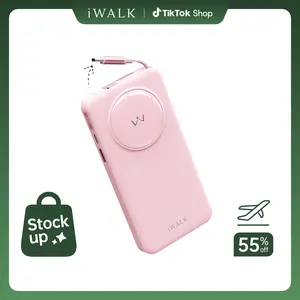iWALK 10000mAh Compact Power Bank, 30W PD Retractable USB-C Fast Charging Charger for iPhone 16/15 Pro Max, Samsung Galaxy, Pixel, MacBook Air, Pink Cable Smartphone Portable Rechargeable Battery Lightweight Rechargeable