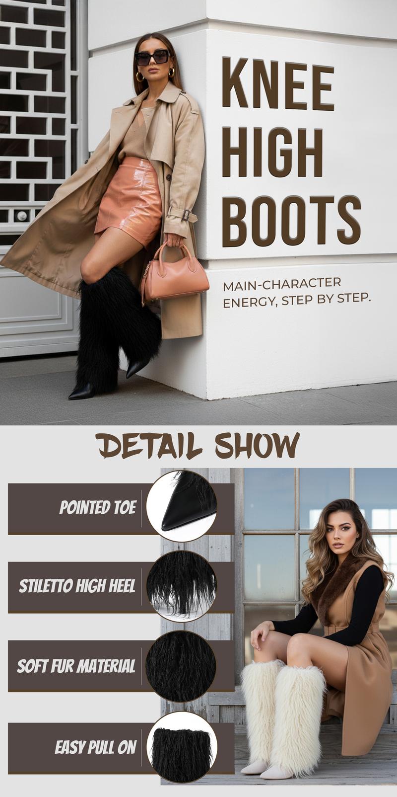 CELNEPHO Womens Knee High Boots Pointed Toe Faux Fur Fluffy Fashion Stiletto High Heels Plush Warm Boot for Gift Party Outdoor Wear Dress Shoes