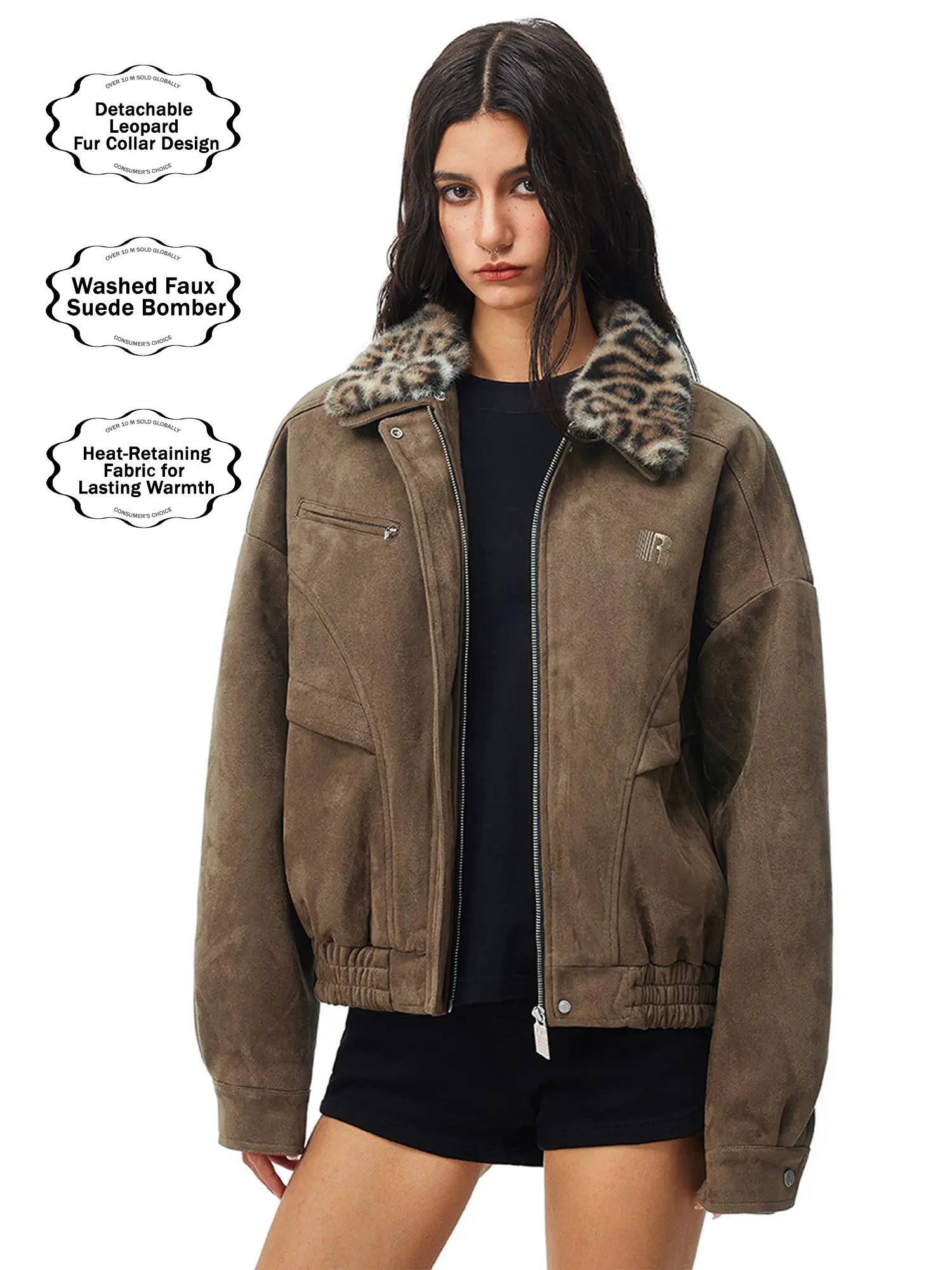 FDR Barn Jacket with Detachable Leopard Fur Collar for Men & Women | Heavyweight Zip Up Faux Suede Bomber Jacket Loose Fit Casual Minimalist Outerwear Oversized Brown Top #Summervibes