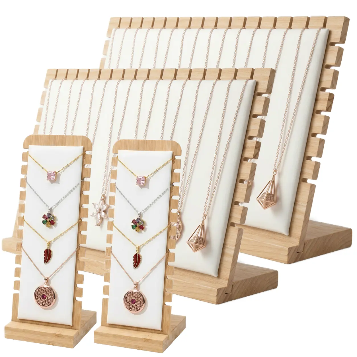 4-Piece Bamboo Necklace Organizer Display Rack, Wooden Jewelry Display Stand with PU Leather Panels, Multi-Tiered Home Organizer Storage Solution