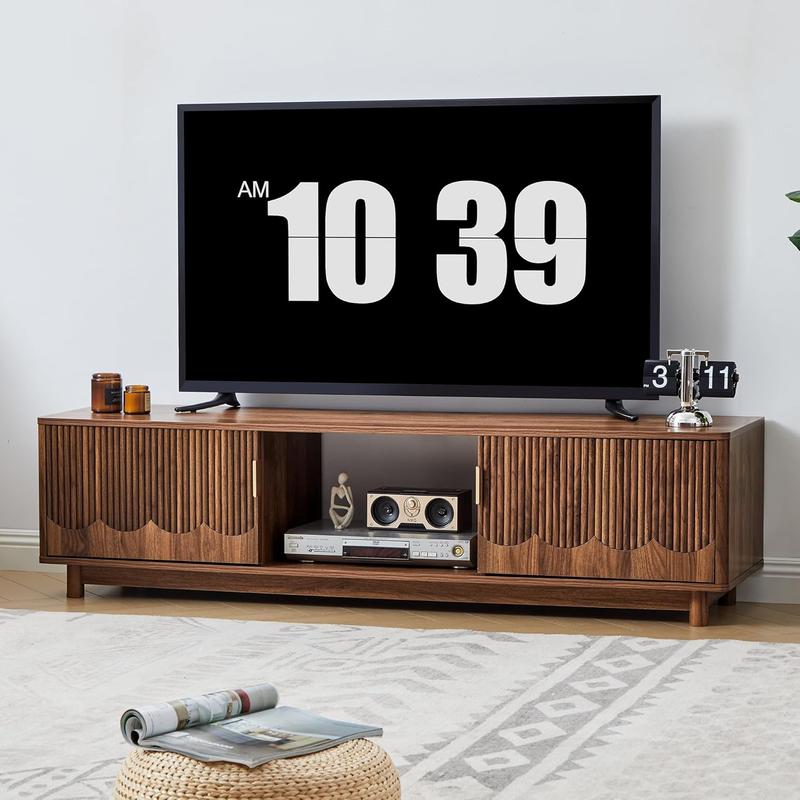 Giratree 62.2" Mid-Century Modern TV Stand, Curved Wooden Media Console with Slatted Storage Doors for 50–70 Inch TVs